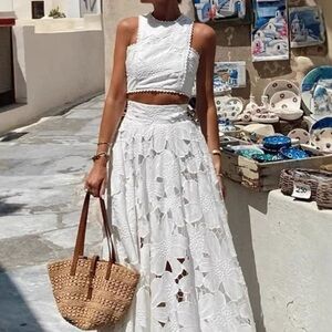 White Floral Crochet Maxi Skirt and Top